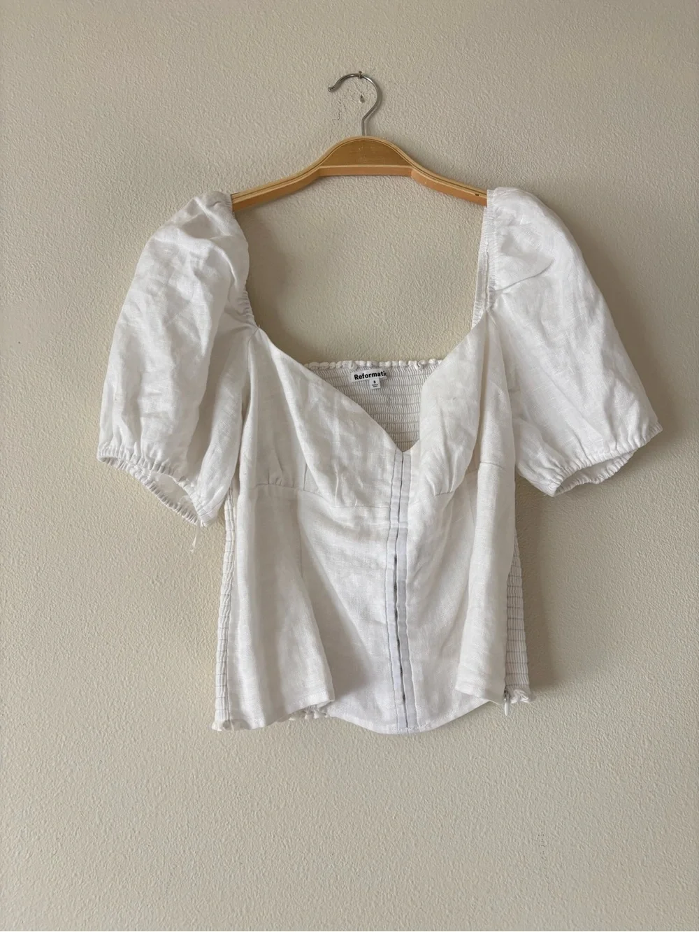 Reformation Rome Linen White Puff Sleeve Smocked Blouse Top Size 8